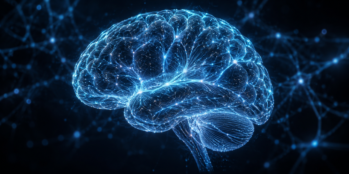 Abstract blue neural connections forming a brain silhouette on a dark background