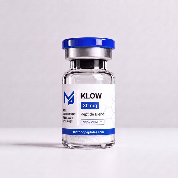 KLOW 80mg peptide blend vial containing KPV, BPC-157, TB-500 and GHK-Cu
