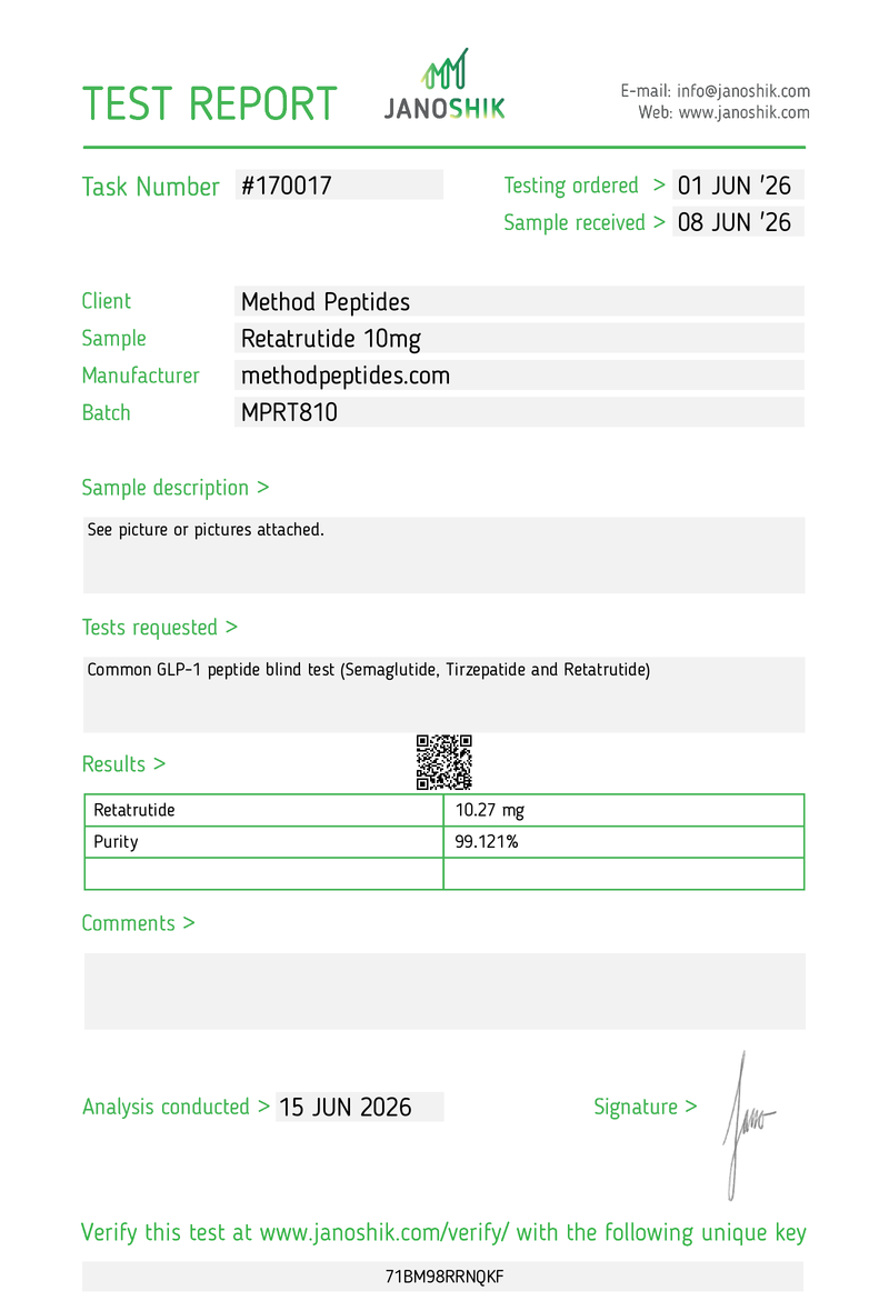 Janoshik report 170017 for Method Peptides Retatrutide 10 mg, batch MPRT810: 10.27 mg measured, 99.121% purity, June 15, 2026.